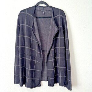Eileen Fisher Open Front Cardigan Sweater L Black Windowpane Plaid Long Sleeve